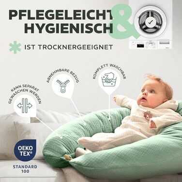 Подушка для годування sei Design XXL 190x30 см з мусліновою наволочкою, ергономічна, для вагітних, для сну на боці, комфортна подушка для дорослих, наволочка з 100% бавовни [органічна бавовна]