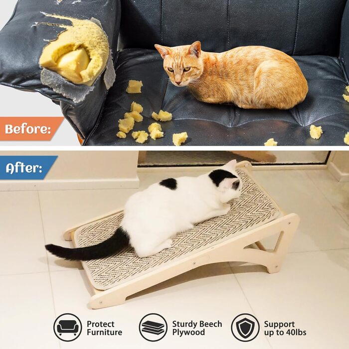 PETKARAY Драбина-кіготь для котів, L-подібна, 68 см, з сизалю, для стіни та кута, з котячою м'ятою та іграшкою-мишкою