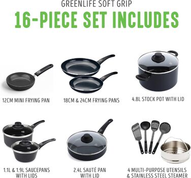 Набір сковорідок GreenLife Soft Grip з керамічним антипригарним покриттям, 18 см і 26 см, PFAS-free, підходять для духовки та посудомийної машини, бірюзові