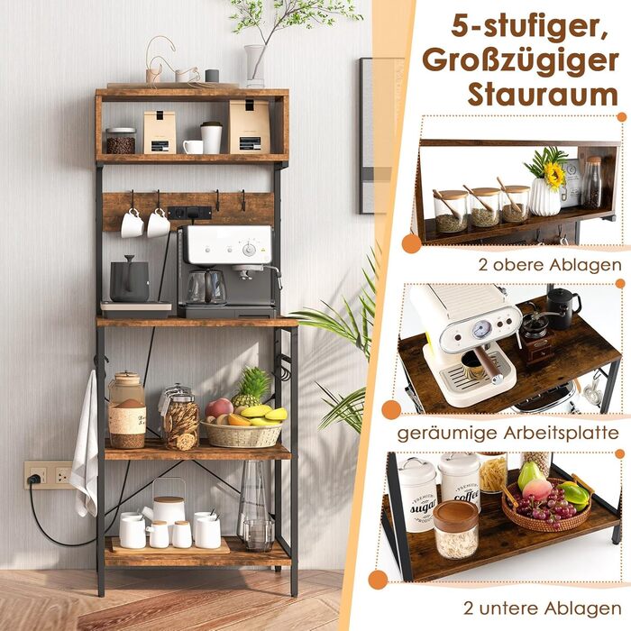 Стельовий стелаж COSTWAY для кухні з розеткою, з гачками, 60 x 42 x 153 см