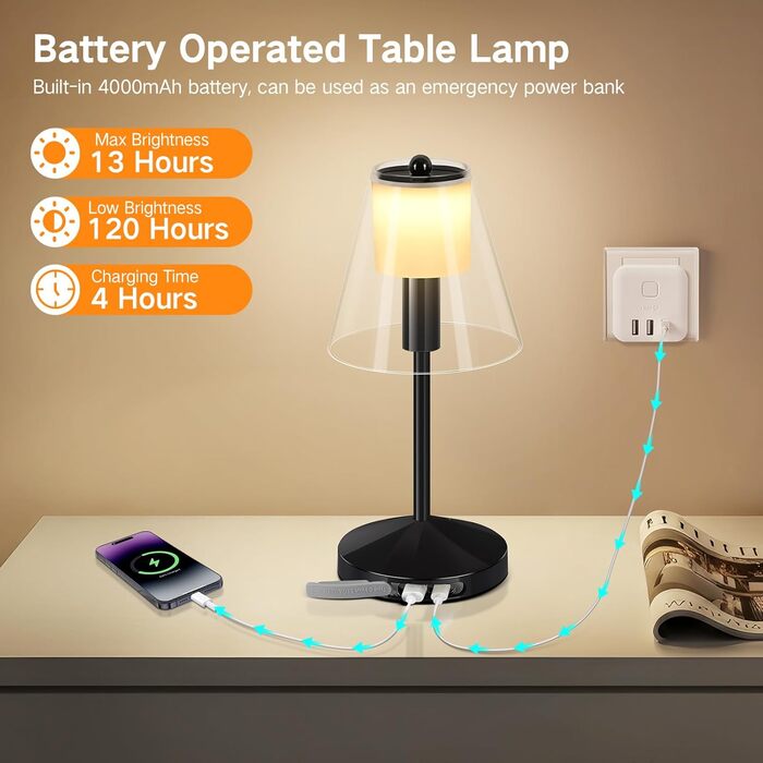 OUTON Бездротова LED-лампа настільна з торканням, регулювання яскравості, 3 режими кольору (3000K–6000K), акумулятор 4000mAh, USB-C, до 120 годин роботи, пам'ять, для спальні, бару та декору, чорна