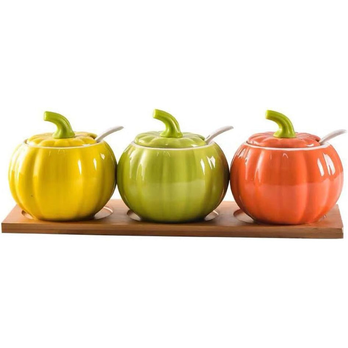 YBK Tech Cute Pumpkin Candy Jar Ceramic Sugar Bowl for Coffee Tasting (3 Pieces + Wooden Holder)