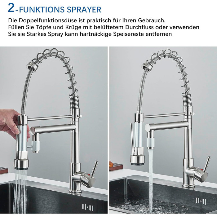 Кухонний змішувач з двома виливами, поворотний на 360°, з високим виливом та спіральною шланговою насадкою. Змішувач для кухні з нержавіючої сталі, оброблений під мідь (щіткова обробка).
