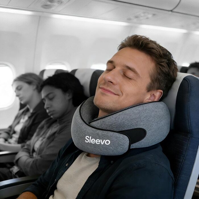 Подушка для шиї з Memory Foam – Подушка-вишенка для подорожей – Ергономічна подушка для літака, з захистом від світла та миючим покривалом, з сумкою – Чорний (L) (Сірий, L)