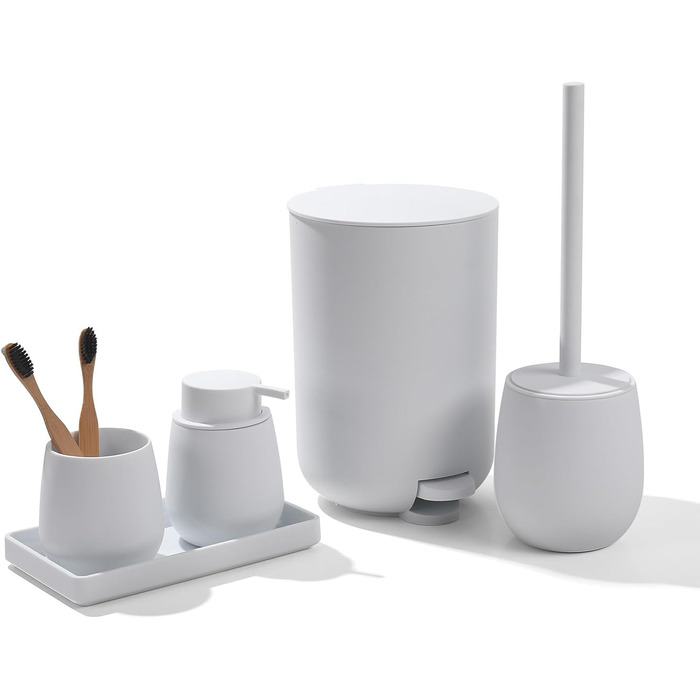 Набір для ванної кімнати AJEUNGAIN Grey, сучасний, 5 предметів: відро для сміття, тримач для туалетного йоржика, дозатор мила, стакан для зубної щітки та піднос