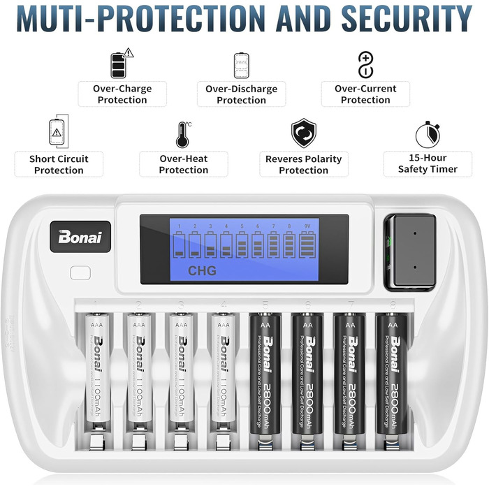 Зарядний пристрій BONAI для акумуляторів 9 слотів LCD, універсальний, інтелектуальний зарядний акумулятор з функцією розряду для AA/AAA/9V NI-MH акумуляторів