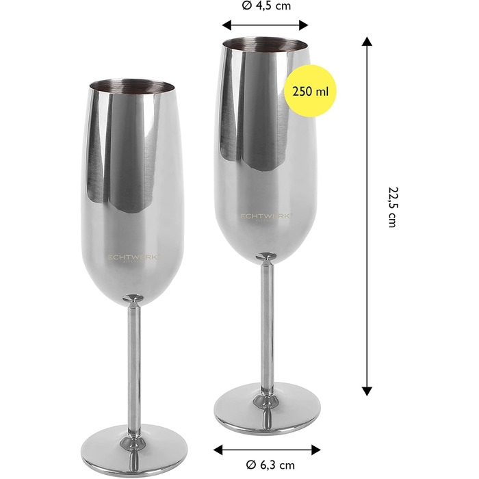 Склянки для шампанського та ігристих вин Echtwerk: нерозбивні, з нержавіючої сталі, 2 шт., 250 мл, срібна серія (набір)