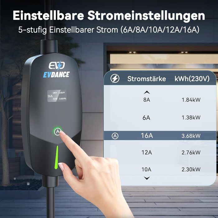 Кабель для зарядки електромобіля EVDANCE Type 2 Schuko 6.1м 3.68kW з OLED дисплеєм 6-16A для PHEV/EV - Чорний
