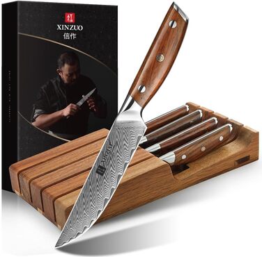 Ніж кухарський XINZUO Damaststahl Kiritsuke 21см - професійний, з нержавіючої сталі Дамаск, з ручкою з рожевого дерева, 5-ти річний набір ножів для стейку