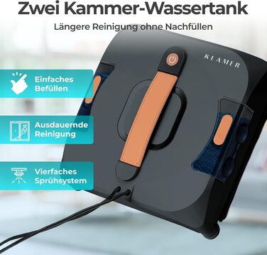 Робот для миття вікон KLAMER 3500 Pa: автоматичний очищувач з резервуаром для води 100 мл, режим вологого очищення, виявлення країв, тихий (60 дБ), захист від падіння, смарт-планування (Чорний)
