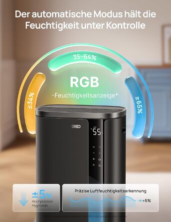 Розумний осушувач повітря DREO з керуванням через App та WLAN, 30 л/добу, резервуар 6.5 л, для кімнат до 55 м², спальні, ванної та підвалу, функція сушіння білизни, автоматичний контроль вологості, чорний