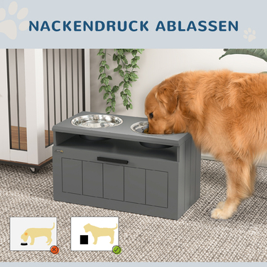 PawHut Large Dog Feeding Station with 2 Stainless Steel Bowls, Drawer, and Pet Food Dispenser - MDF, Steel, Gray