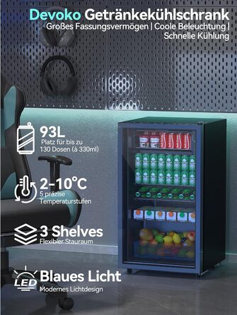 Холодильник для напоїв Devoko 93L з скляними дверцятами та LED-підсвіткою. Регульовані полиці для колі, пива та вина. Чорний колір, ідеально для дому та офісу.