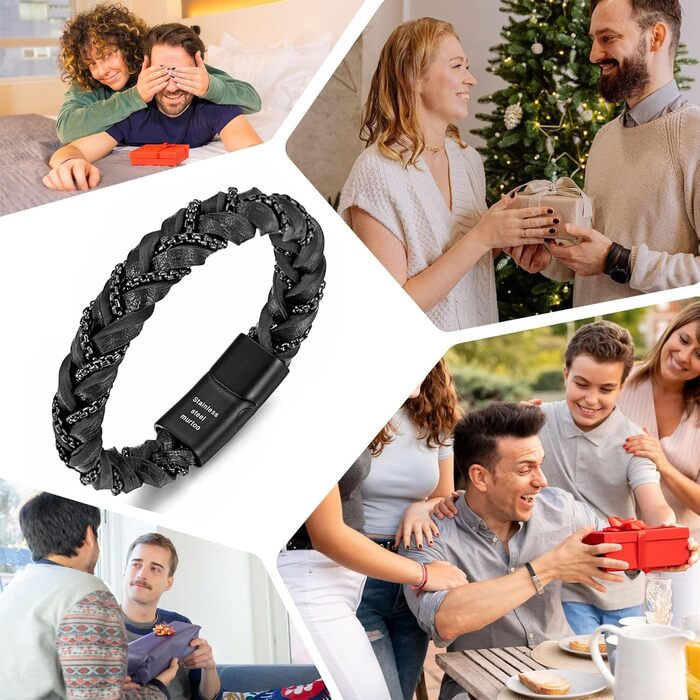 Чоловічий шкіряний браслет преміум-класу, чорний та коричневий, з нержавіючою сталевою застібкою-магнітом, 22 см