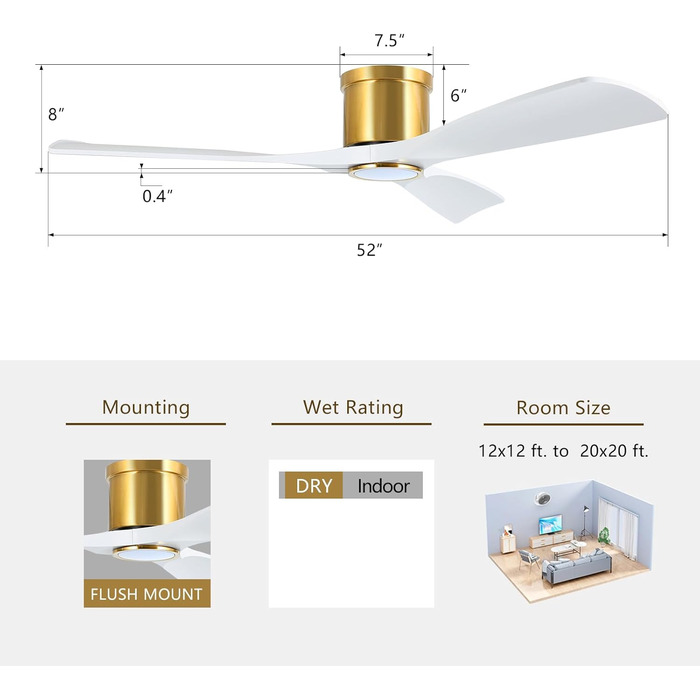 Сучасний стельовий вентилятор 132 см з підсвічуванням та пультом керування, тихий DC-двигун, сумісний з Alexa/Google Home, білий/золотий
