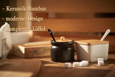 Цукорниця керамічна з бамбуковою кришкою та ложкою, цукровий контейнер (кругла, чорна)