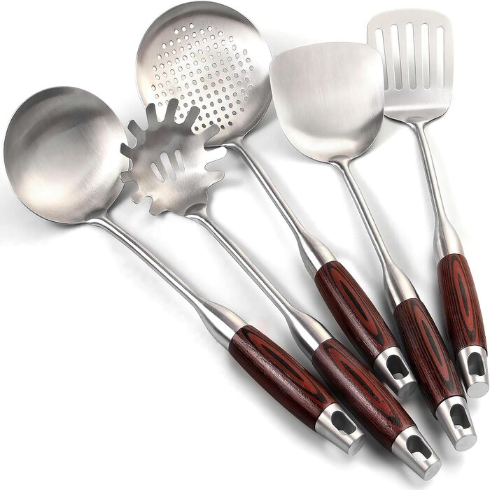 Набір кухонного приладдя з нержавіючої сталі, 5 предметів: лопатка, половник, шумовка, серветка для пасти та шумовка, придатний для миття в посудомийній машині