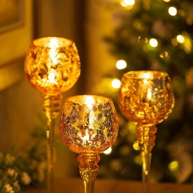 Romadedi Tealight Holder Candle Stand Glass - Lantern Tealight Holder Decoration Queck 3-Piece Set 23.5/25.5/31.5 cm for Tealights, Votive Candles, Pillar Candles, Living Room Table Decoration, Wedding (Gold)