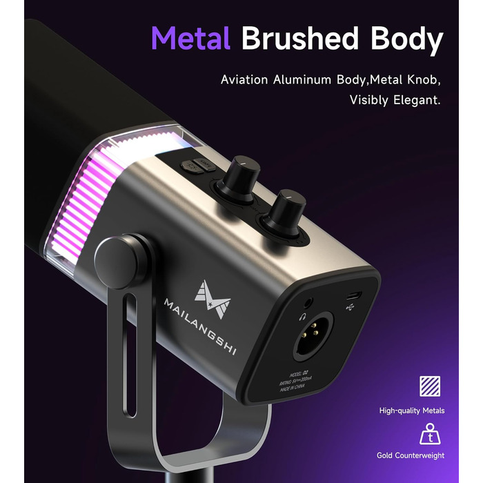 Професійний USB/XLR мікрофон Mailangshi для подкастів, стрімінгу та ігор з RGB підсвіткою та металевим корпусом