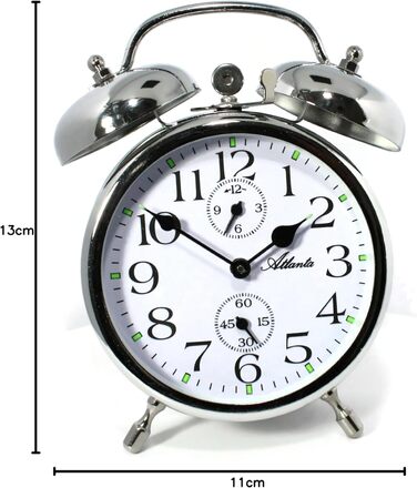 Atlanta Double Bell Alarm Clock with Luminous Hands Analog Retro Antique Silver - 1058/19