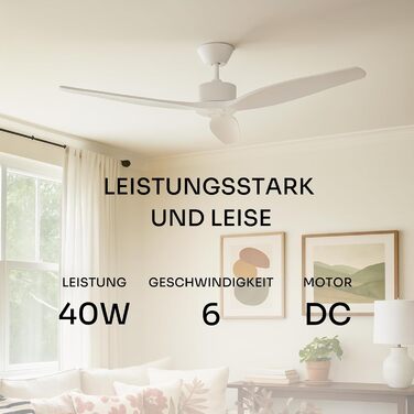 Стеляний вентилятор Mellerware з пультом Brizy | 45 Вт | 6 швидкостей | тихий | літо/зима | таймер | 3 лопаті | діаметр 132 см | DC мотор | білий без світла