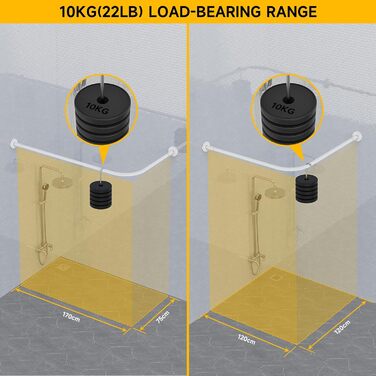Штанга для душу L-подібна, регульована, 75-170 см, нержавіюча сталь, чорна, з кільцями для душу, для ванної кімнати, ванни, роздягальні (L-подібна_біла, 122x190 см)