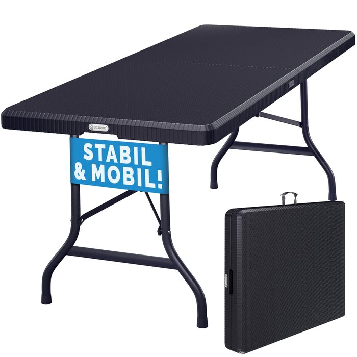 Стіл садовий розкладний Casaria® з поліротангу, 180x75 см, чорний. Чудовий для саду, балкону, кемпінгу. Зручний ручний перенос, вологостійкий, пластик. Також підходить як буфет.