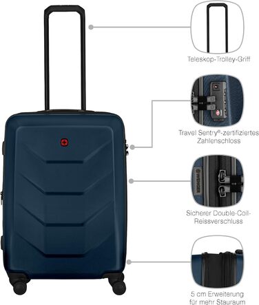 WENGER Pryo Hard Shell Suitcase with 4 Wheels, Trolley, Medium Size, 59 (67) L, Security Lock, for Men, Travel Vacation, 612537 (Blue, M)