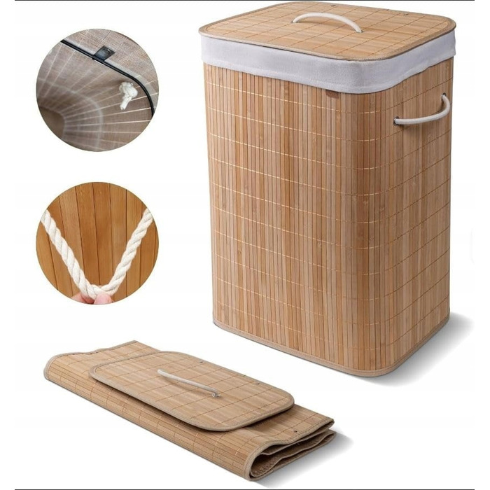 Кошик для білизни та іграшок із бамбука з кришкою, 72 л