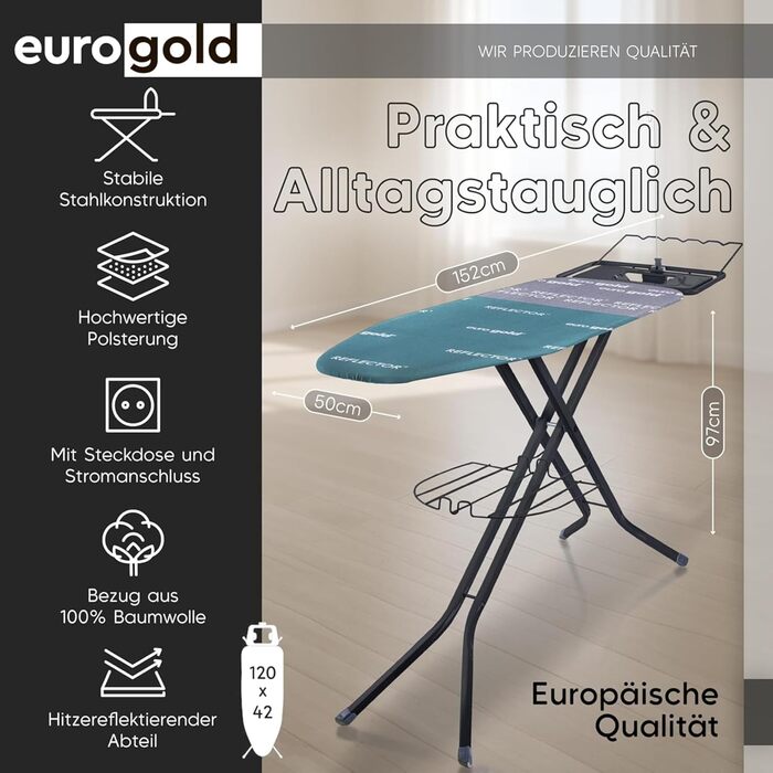 Прасувальна дошка EUROGOLD® XXL 120x42 см з розеткою для парогенератора – стабільна, регульована по висоті (зелена)