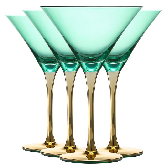 Бокали для Мартіні Art Deco, 2 шт., 237 мл, блакитно-зелені та зелені, кришталеві, золотий декор, класичні коктейльні бокали