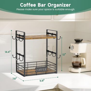EsLuker.ly 2-Tier Mug Holders and Cup Stands, Mug Shelf for Coffee Cups, Coffee Organizer for Countertop, Coffee Station Organizer with Mug Holder, Vintage Brown-Black (15''H, Vintage Brown + Black)