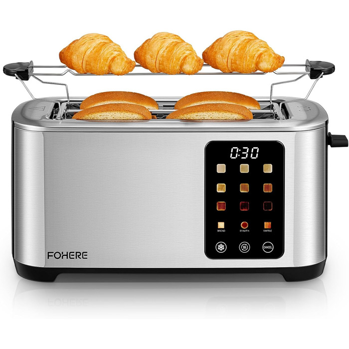 Тостер 4-х секційний, 1400W, нержавіюча сталь, довгий проріз, 9 налаштувань підсмажування, 3 види хліба, функція відміни, розморожування, підігріву, сенсорне керування, з підставою для булок, сріблястий