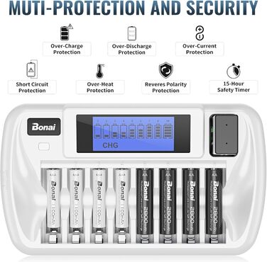 Зарядний пристрій BONAI для акумуляторів 9 слотів LCD, універсальний, інтелектуальний зарядний акумулятор з функцією розряду для AA/AAA/9V NI-MH акумуляторів