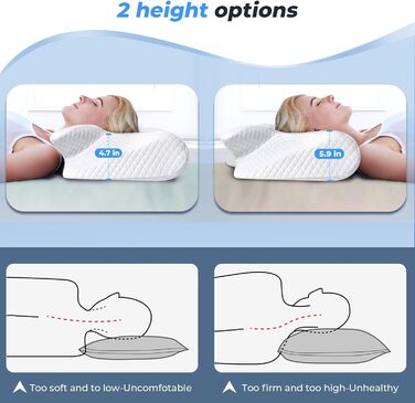 Подушка для шиї Saheyer з піною з пам'яті, 2 в 1: підтримка шиї, подушка для голови, для сну на боці, на животі та на спині, знімний та дихаючий чохол, 59 * 43 * 12/15 см, сірий та білий