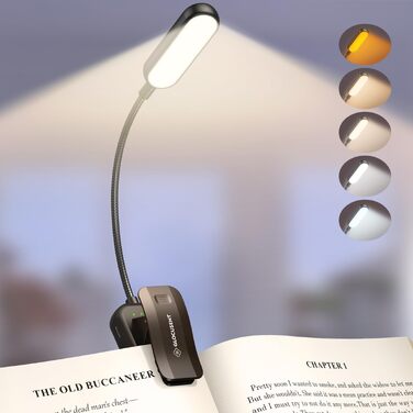 Світлодіодна лампа для читання Glocusent на прищіпці, USB-аккумуляторна книжна лампа (20 LED), 5 режимів температури світла, регулювання яскравості, гнучка на 360°, античний чорний