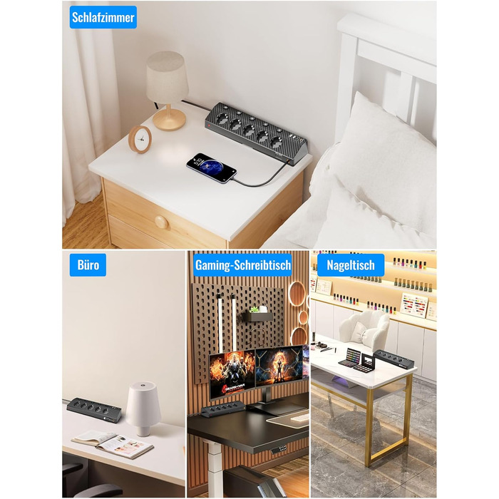 Мережевий адаптер PASSUS з 5 розетками, 2 USB-C (PD 30W), захист від перенапруги, індивідуальне вмикання, 10-в-1, з кабелем 2м, для офісу, чорний
