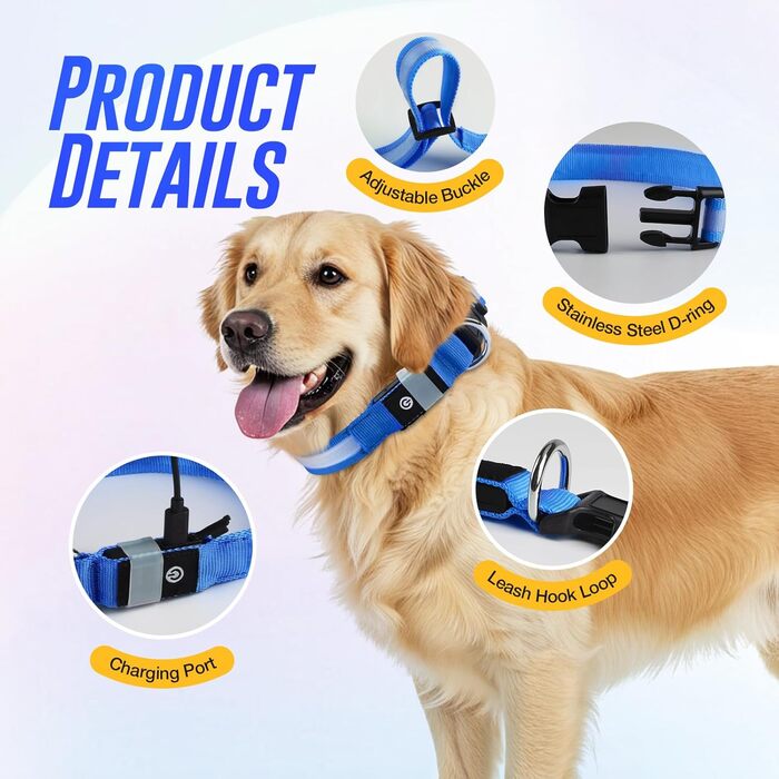 Світлодіодне нашийник для собак Jewyow 7-в-1, багатоквітний, USB-C, водонепроникний, для малих, середніх та великих собак - Синій, M
