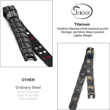 Браслет на магніті JEROOT для чоловіків, чорний титановий браслет з 4 елементами, подвійний ряд, браслет для здоров'я та енергії з високоякісною застібкою-складкою та знімачем ланок годинника (3500 гаус)