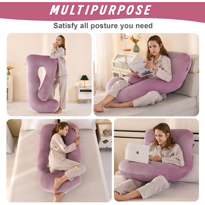 Подушка для вагітних Otauoaea J-подібної форми, подушка для годування XXL, подушка для сну на боці, 145x70 см (рожева, велюр)