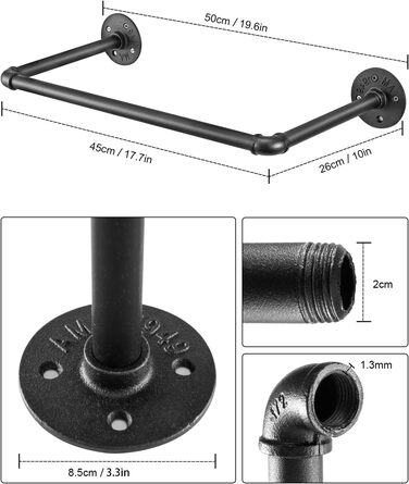 Wall-Mounted Clothes Rack, Pipe Clothes Rail, Industrial Style Wall Hangers, Detachable Metal Clothes Rods, Coat Rack, Bedroom for Hallways, Living Room, Bedroom (50cm - 2PCS)