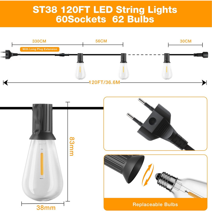 LED гірлянда GLUROO для вулиці, 7.6м, 12+1 лампочки G40, вологостійка, тепле світло, для саду, вечірок