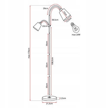 Підлогова LED-лампа Technics, регульована, 170 см, цоколь E27, 20 Вт, білий/коричневий