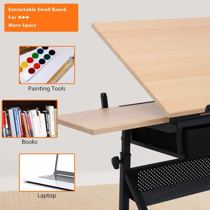 Folding Art Table with Stool and Drawers - Natural Wood Finish
