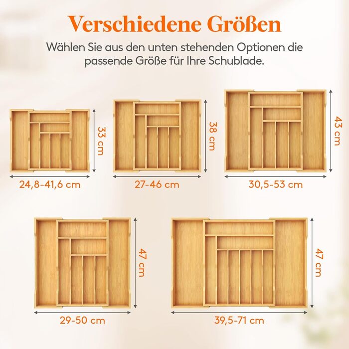 Органайзер для столових приборів Lifewit в шухляду, бамбуковий, 38 см (27-46 см) - розсувний лоток для кухні