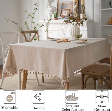 JaeMoose Tablecloth Washable Linen Cotton Rectangular Table Cover Washable Placemat for Home Kitchen Dining Table Tablecloths Decoration Party (Linen, 140 x 220 cm)