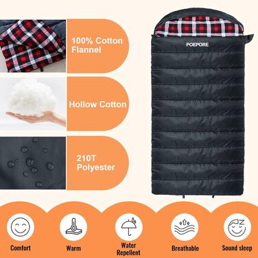 Спальний мішок Poepore Outdoor Winter для дорослих, XXL, 3-4 сезони, теплий бавовняний фліс, 230x100 см, 0°C (сірий, -6°C)
