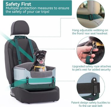 Автокрісло для собак, автокрісло для маленьких собак з ременями безпеки, підвищення для собак, складане, зелене