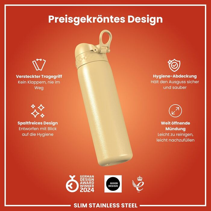 Ion8 Stainless Steel Water Bottle, 600 ml, Leak-Proof, One-Handed Opening, Secure Locking Mechanism, Dishwasher Safe, Flip-Top Lid, Carrying Handle, Easy to Clean, Durable & Scratch-Resistant (Stainless Steel, Desert)