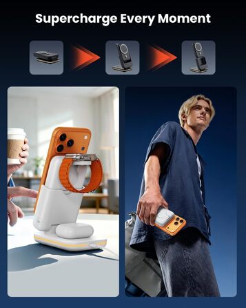 GEEKERA 3-в-1 Магнітна бездротова зарядка Powerbank 5000mAh: для iPhone 17/16/15/12, Apple Watch, AirPods, Samsung Galaxy (Білий)
